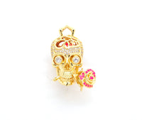 3D CZ Micro Pave Skull with Rose flower Moving Ball Pendant,Cubic Zirconia Skull Charm, Black/Silver/Rose gold/Gold Pendant,30x20mm,sku#F527