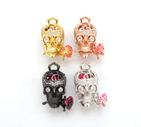 3D CZ Micro Pave Skull with Rose flower Moving Ball Pendant,Cubic Zirconia Skull Charm, Black/Silver/Rose gold/Gold Pendant,30x20mm,sku#F527