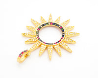 CZ Micro Pave Gold Plated Sun Flower Pendant,Cubic Zirconia Green/Turquoise/Fuchsia/Cobalt/Rainbow Color Charm, 33x36mm,sku#F504
