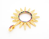 CZ Micro Pave Gold Plated Sun Flower Pendant,Cubic Zirconia Green/Turquoise/Fuchsia/Cobalt/Rainbow Color Charm, 33x36mm,sku#F504