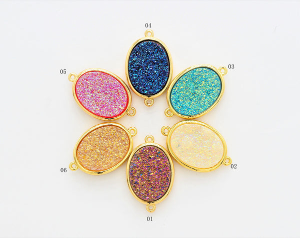 Mystic Drusy Oval Connector, Large Bezel Druzy Connector Charm, Gold/Silver Finish, Turquoise/Pink/Gold/Blue, 13x22mm,SKU#V28