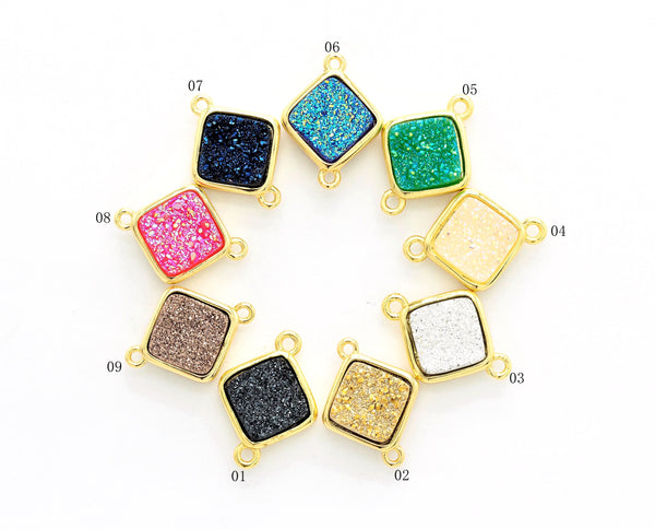 Mystic Drusy Diamond Shape Bezel Connector Beads, Bezel Druzy Charm, Gold/Silver finish,Pink/Black/Silver/White/Blue, 12x16mm,SKU#V30