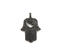 Black CZ Pave On Black Micro Pave Hamsa Hand with Heart Pendant/Charm,Cubic Zirconia Pendant,Fashion Jewelry Findings, 27x35mm, sku#F539
