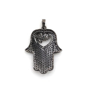Black CZ Pave On Black Micro Pave Hamsa Hand with Heart Pendant/Charm,Cubic Zirconia Pendant,Fashion Jewelry Findings, 27x35mm, sku#F539