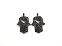 Black CZ Pave On Black Micro Pave Hamsa Hand with Heart Pendant/Charm,Cubic Zirconia Pendant,Fashion Jewelry Findings, 27x35mm, sku#F539