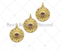 Gold Filled CZ Micro Pave Fuchsia Evil Eye On Round Coin Shape Pendant, 18K Gold Filled Charm, Necklace Bracelet Pendant, 16x18mm, Sku#Y437