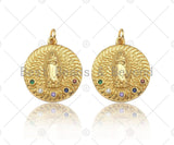 Colorful CZ Micro Pave Virgin Mary On Round Coin Shape Pendant,18K Dainty Gold Medallion Charm, Necklace Bracelet Charm,19x21mm,Sku#JL45