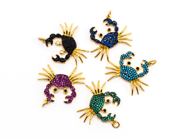 CRAB Inspired Charm, CZ Micro Pave Fuchsia/Black/Turquoise/Cobalt/Blue Crab Pendant, Cubic Zirconia Pendant,Gold Plated,23x28x3mm,SKU#F449