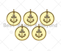 Gold Filled CZ Micro Pave Boat Anchor On Round Coin Shape Pendant, 18K Gold Filled Medallion  Charm, Necklace Bracelet Charm,16mm,Sku#LK340