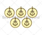 Gold Filled CZ Micro Pave Boat Anchor On Round Coin Shape Pendant, 18K Gold Filled Medallion  Charm, Necklace Bracelet Charm,16mm,Sku#LK340