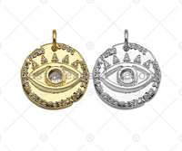 CZ Micro Pave Evil Eye On Hammered Coin Pendant/Charm,Cubic Zirconia Gold/Silver Charm, Necklace Bracelet Charm Pendant,16x16mm, Sku#L398