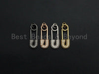 CZ Micro Pave Safety Pin Pendant, Cubic Zirconia Pendant Charm, Gold/Silver/Black, 8x25mm, SKU#Y239