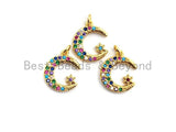 CZ Colorful Micro Pave Moon With Star Pendant, Moon Star Shaped Pave Pendant, Gold plated, 12x14mm, Sku#F756