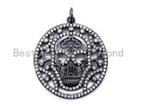 CZ Micro Pave Large Hollow Skull Disc Pendant/Charm, Cubic Zirconia Round Skull Pendant, Halloween Pave, 29mm, sku#F152