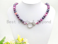 Purple Pink Agate Attachment Necklace with Large CZ Pave Silver clasp, 18 long, 8mm/10mm beads size, sku#D48