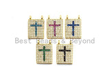 CZ Micro Pave Rectangle With Cross Pendant/Charm, Cz Blue Fuchsia Black Green Cross Rectangle Pave Pendant,11x16mm, sku#F681