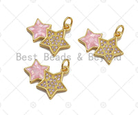 Two Star Pink Pendant/Charm, Pink Mother-of-pearl Star Pendant, Cubic Zirconia Pendant, Gold Tone, 18x15mm, Sku#LK68