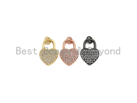 CZ Micro Pave Heart Lock Pendant, Cubic Zirconia Heart Pendant, Gold/Rose Gold/Black Tone pendant, 13x18mm, sku#F1124