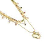 Multicolor CZ Gold Chain Heart Charm Necklace set, Sku#EF537