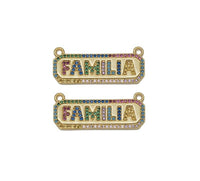 Gold Colorful CZ Familia Word On Rectangle Charm, Sku#Y725