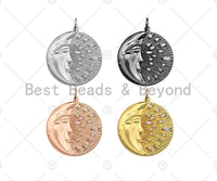 CZ Micro Pave Moon with Radiation Light Round Coin Pendant/Charm, Large Gold/Silver/Rose Gold/Gunmetal Coin Pendant, 31mm, sku#Y297