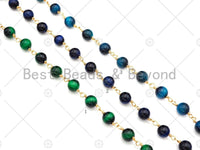 Green/Navy Blue/Teal Blue High Quality Tiger Eye Rosary Chain, 6mm Beaded Chain, Wire Wrapped Gold Chain,Sku#V78