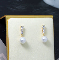 Gold CZ Pearl Dangle Earrings, Bridal Jewlery, Sku#ZX100