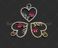 Big Fuchsia CZ Micro Pave Love On Heart Shape Pendant/Charm,Cubic Zirconia Paved Charm, Necklace Bracelet Charm Pendant, 16x17mm,Sku#Y356