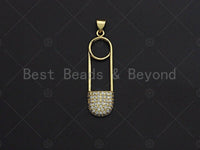 Clear CZ Micro Pave Safe Pin Shape Pendant, CZ Micro Pave Safe Pin pendant, Gold Pave pendant, 11x37mm, sku#LK17