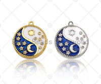 Enamel Cobalt White Yin Yang Pendant,Moon Star Sun Gold/Silver Pendant,Religious Enamel Jewelry,19x21mm,Sku#B129