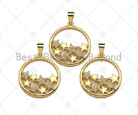 18k Gold Multi Star On Round Ring Charms, Gold Ring Charms, Star Pendant, Gold Pendant, Round Necklace Charms, 22x24mm, Sku#LK145