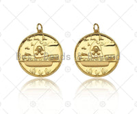 18k Dainty Gold Skull On Round Coin Charms, Gold Medallion Charms,Round Necklace Charms,25x28mm, Sku#Y410