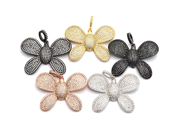 CZ Clear/Black Micro Pave Butterfly Flower Pendant, Cz Pave Pendant, Gold/Rose Gold/Silver/Gunmetal plated, 29x39mm, Sku#F773