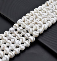 Quality Dzi White Agate beads, Round Faceted Wavy Lines, 6mm/8mm/10mm/12mm, Tibetan beads, White Lace Agate Beads, 15.5inch strand, SKU#U402