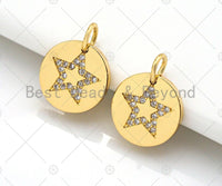 CZ Clear Micro Pave Five Point Star On Round Coin Pendant, Star Pave Pendant, Dainty Gold Coin Charm, 12mm, Sku#Z1140