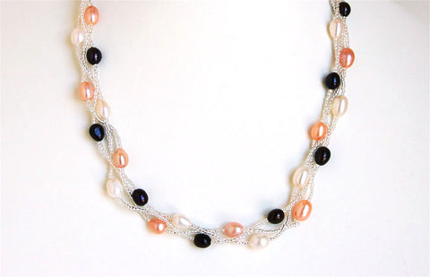 Triple Line woven Freshwater pearl necklace, sku#PBW3