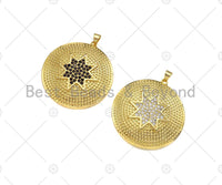 CZ Micro Pave North Star On Round Coin Pendant,18K Dainty Gold Medallion Charm, Necklace Bracelet Charm Pendant, 36x38mm, Sku#LK293