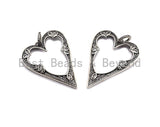 CZ Micro Pave Heart Hollow Out Pendant, Antique Silver Tone, Clear Cubic Zirconia Big Pave Heart Charm Pendant,35x46mm,sku#F1000