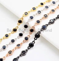 1 Foot/Yard- Black CZ Beaded Chain-4mm Cubic Zirconia Gold Silver Rose Gold Gunmetal Plated Bezel Chain, Bezel Connector Beads, sku#E402