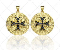 18K Gold Black CZ Cross On Round Coin Shape Pendant, Gold Coin Charm, Cross Pave Pendant, Men's Jewerly Findings, 25mm, Sku#LK61