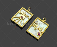 Fuchsia CZ Mom/Mama Heart On Rectangle Pearl Shape Pendant,18K Gold Filled Mother of Pearl Charm, Mother's Day MOP Pendant,17x24mm,Sku#Z1373