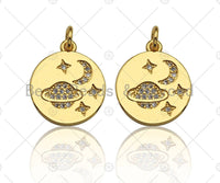 18k Shiny Gold Moon Earth Star On Round Coin Charms, Gold Coin Charms, Moon Pendant, Gold Pendant, Round Necklace Charms, 15x17mm, Sku#Z1170