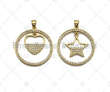 18k Shiny Gold Dangle Heart Dangle Star On Round Ring Charms, Gold Plated Charms, Heart Pendant, Gold Pendant, 27x29mm,Sku#LK141