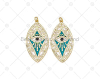 CZ Micro Pave Turquoise Enamel Evil Eye On Oval Leaf Shape Pendant, 18K Gold Filled Evil Eye Charm, Necklace Pendant,22x42mm, Sku#L631