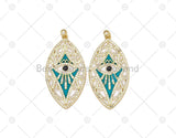 CZ Micro Pave Turquoise Enamel Evil Eye On Oval Leaf Shape Pendant, 18K Gold Filled Evil Eye Charm, Necklace Pendant,22x42mm, Sku#L631