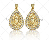 18K Gold Virgin Mary On Teardrop Emblem Shape Pendant, Teardrop Charm, Virgin Mary Pave Pendant, Dainty Gold Charm,25x16mm, Sku#F1148