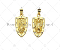 CZ Micro Pave Embossed Jesus/Virgin Mary On Shield Shape Pendant, 18K Gold Religion Charm, Necklace Bracelet Charm Pendant,12x24mm,Sku#LK308