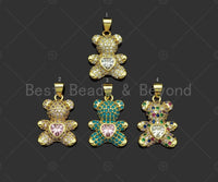 CZ Micro Pave Colorful Heart On Teddy Bear Pendant/Charm, Colorful Cubic Zirconia Charm, Necklace Bracelet Charm Pendant,20x15mm, Sku#LK216