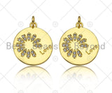 Gold Filled CZ Micro Pave Daisy Flower On Coin Shape Pendant,18K Gold Filled Lover Word Charm, Necklace Bracelet Charm,18x20mm,Sku#LK339