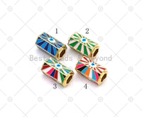 Colorful Enamel Evil Eye On Hexagon Shape Large Hole Tube Spacer Beads, 18K Gold Filled Drum Barrel Beads,14x22mm, Sku#Y531
